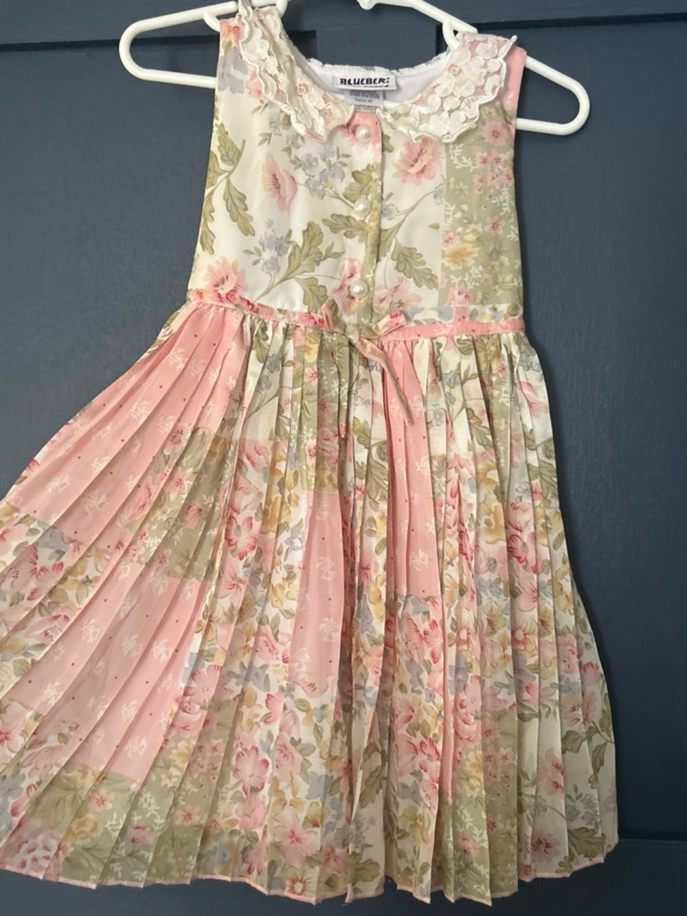 Blueberi Boulevard Floral Pink Pleated Girls Dress with Lace Collar